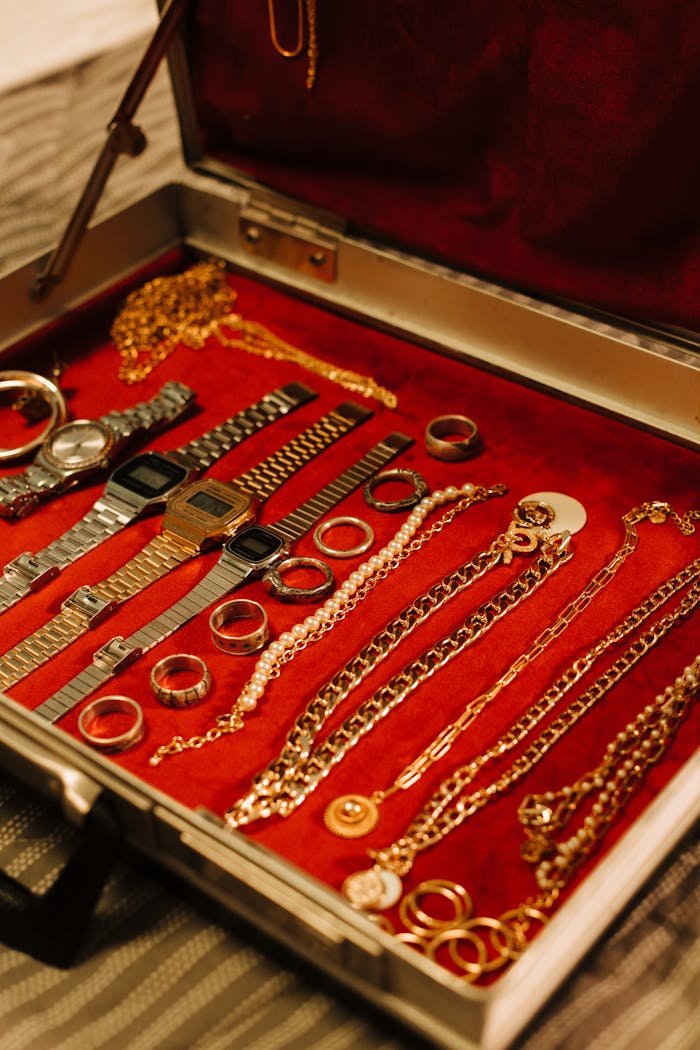 A stylish open case showcasing a luxurious collection of watches, rings, and chains.